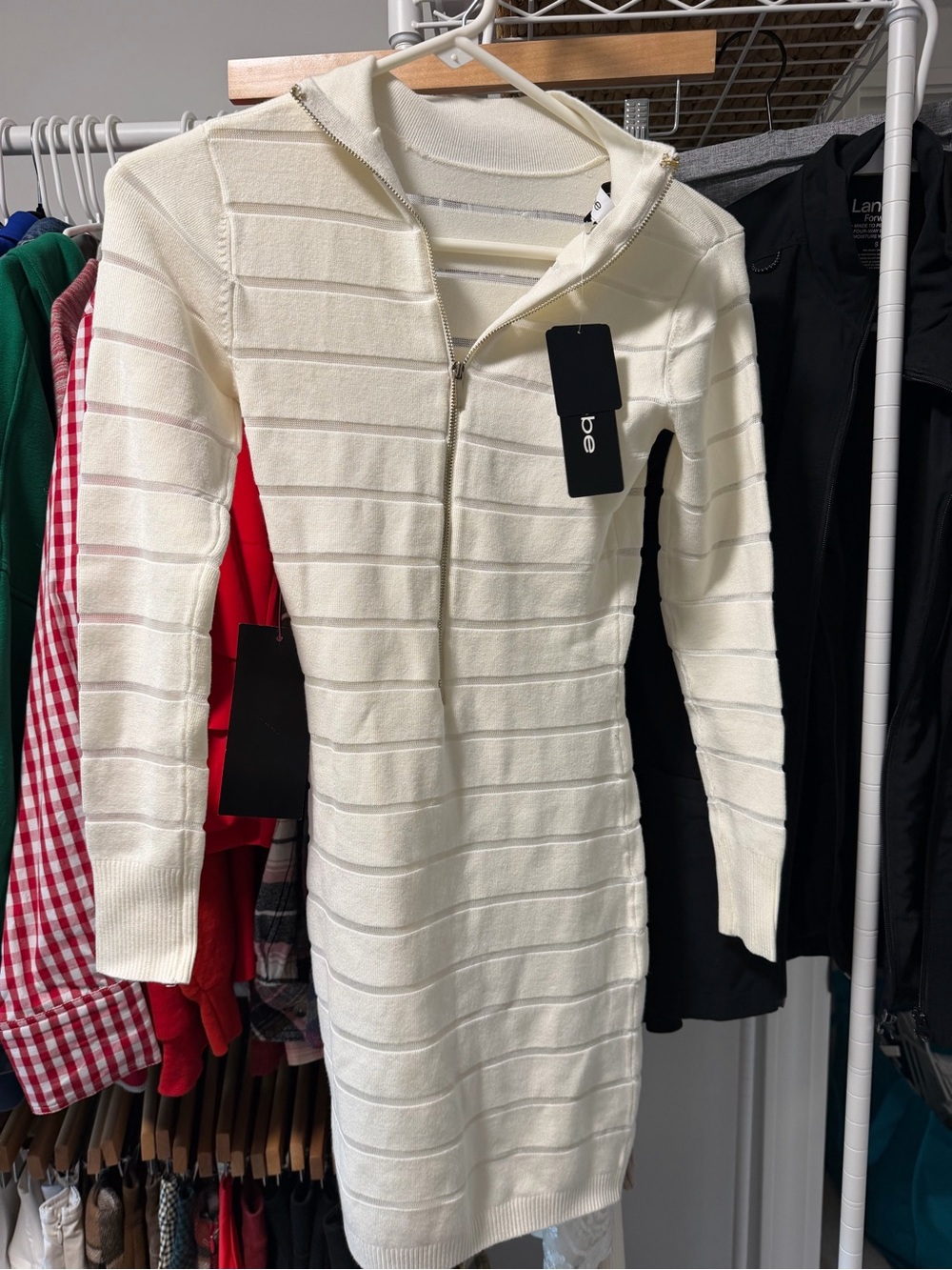 BeBe Cream Ribd Zip-Front Hooded Sweater Dress XXS